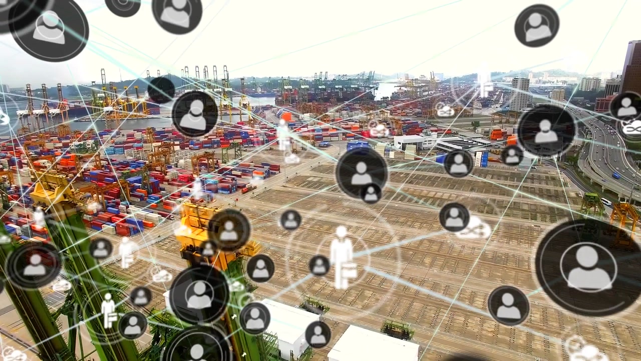 Animazione di rete di connessioni con icone su porto.