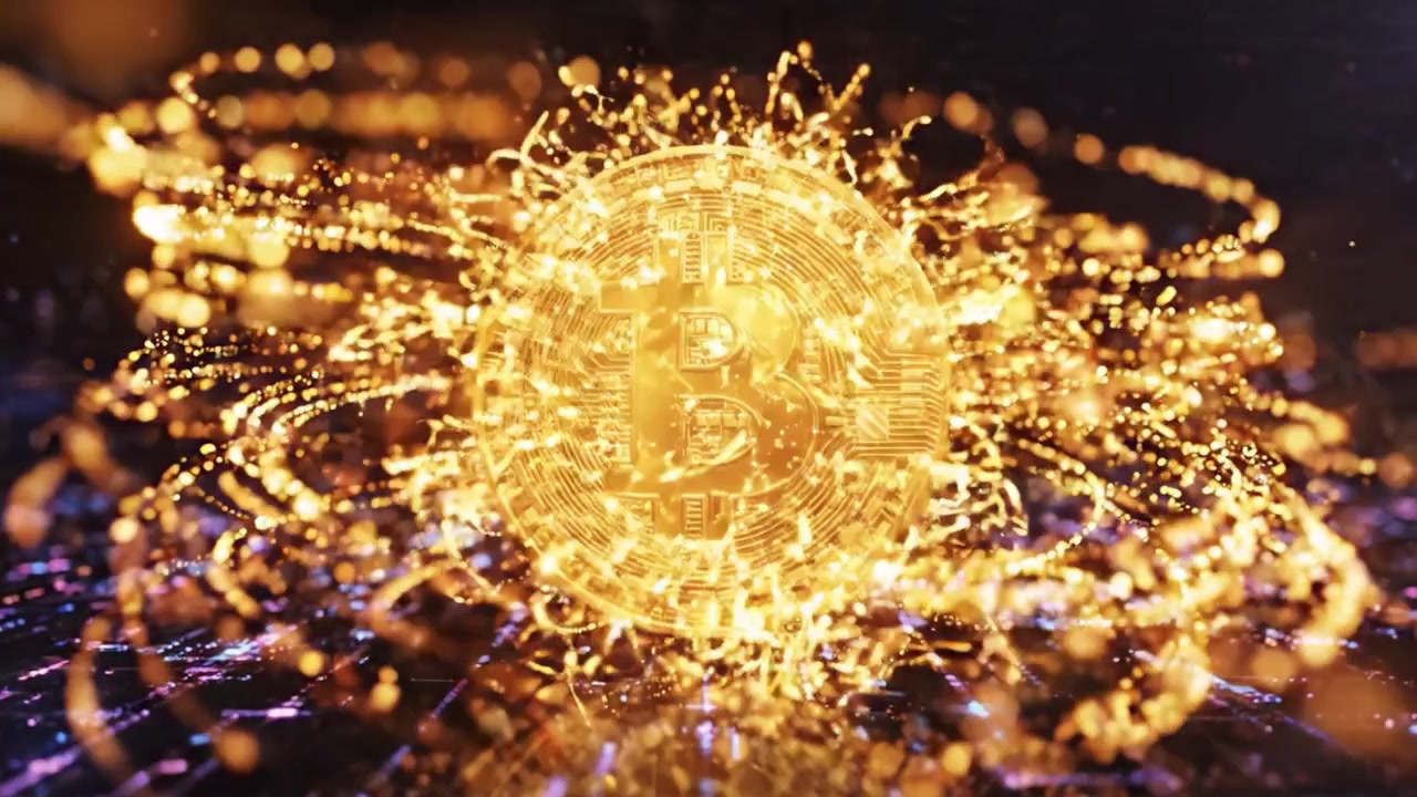 ビットコインの進化を辿る息をのむような視覚の旅。光とテクノロジーのデジタルな風景の中で、その象徴的なシンボルを際立たせる