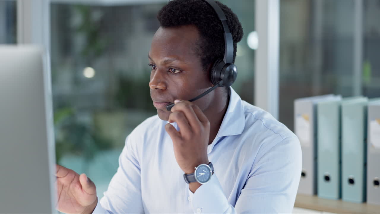 Black man, call center and consulting n customer