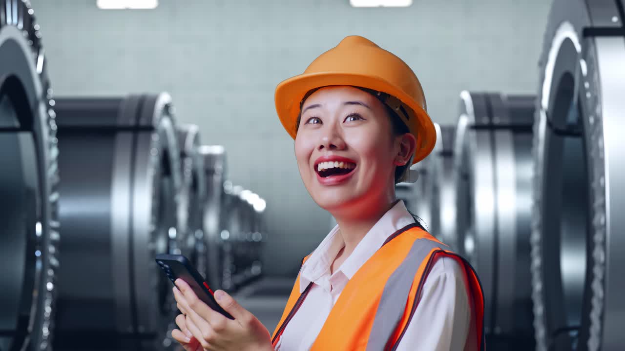 안전 헬을 착용 한 아시아 여성 엔지니어가 스마트폰을 사용하고 금속 공장에서 서서 주변을 둘러보고 있습니다.