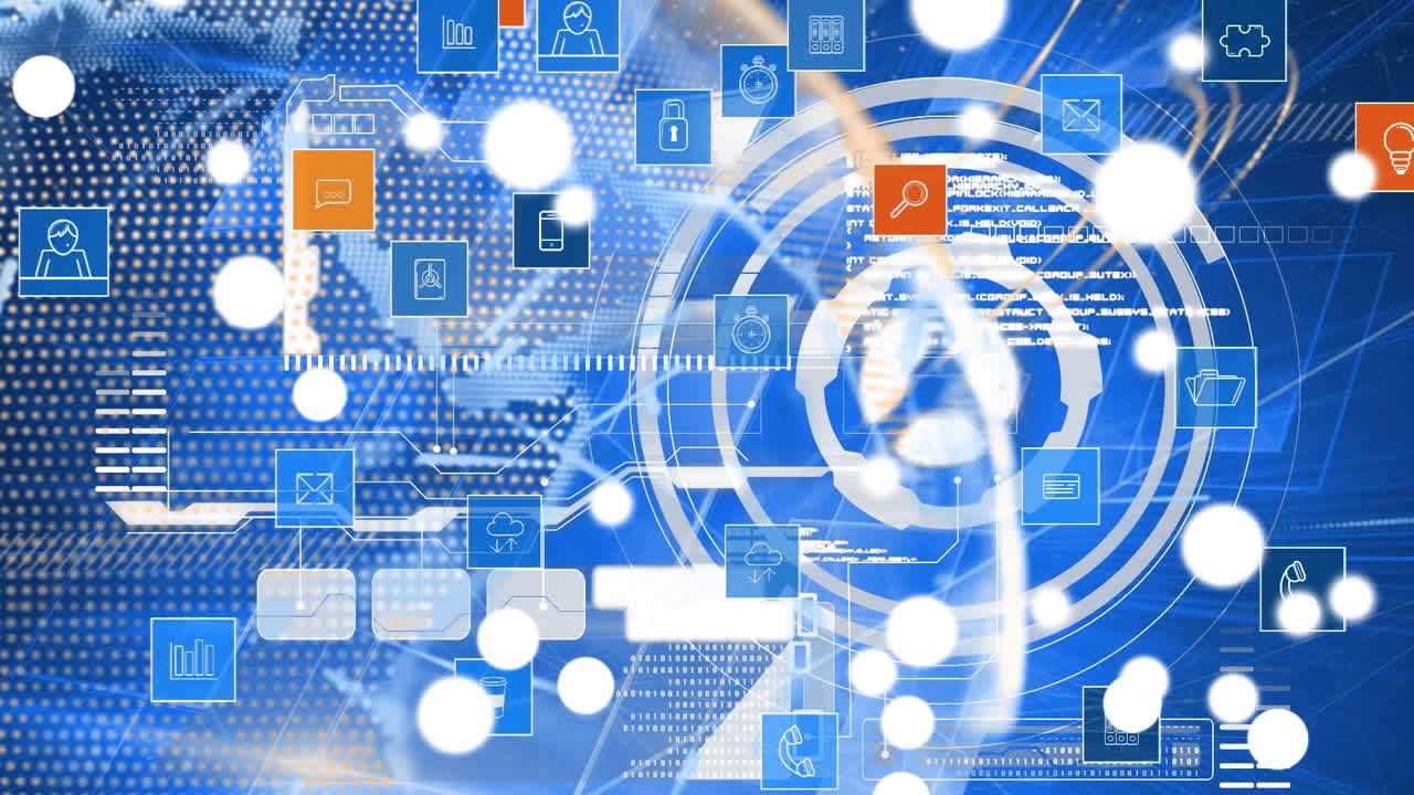 아이콘과 파란 화면을 통해 연결의 네트워크와 함께 지구의 애니메이션