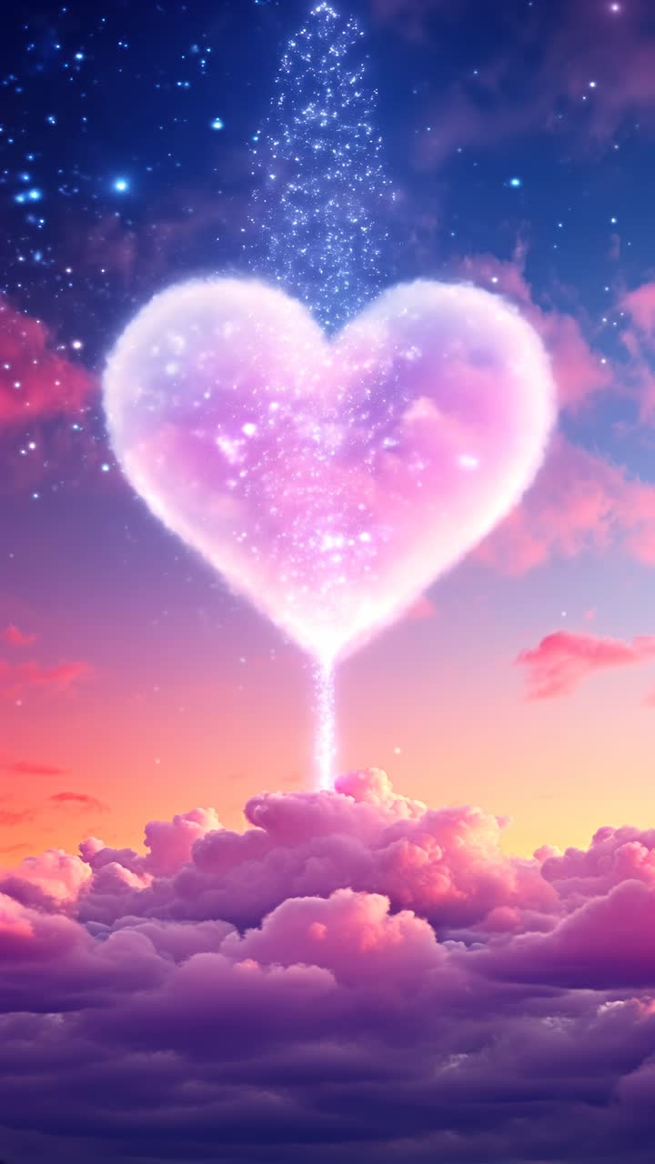 A dreamy, magical sky with a heart-shaped cloud glowing with stars