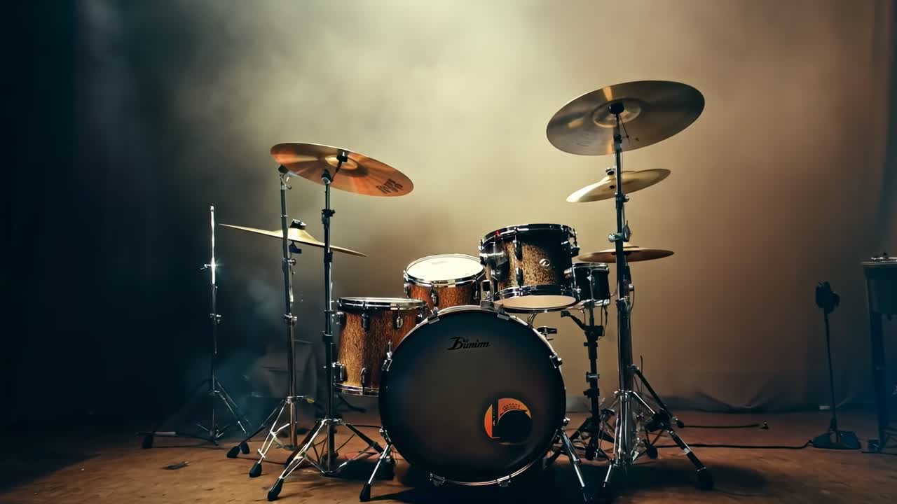 Low-angle shot of a drum set on stage with dramatic lighting and fog, creating a moody atmosphere