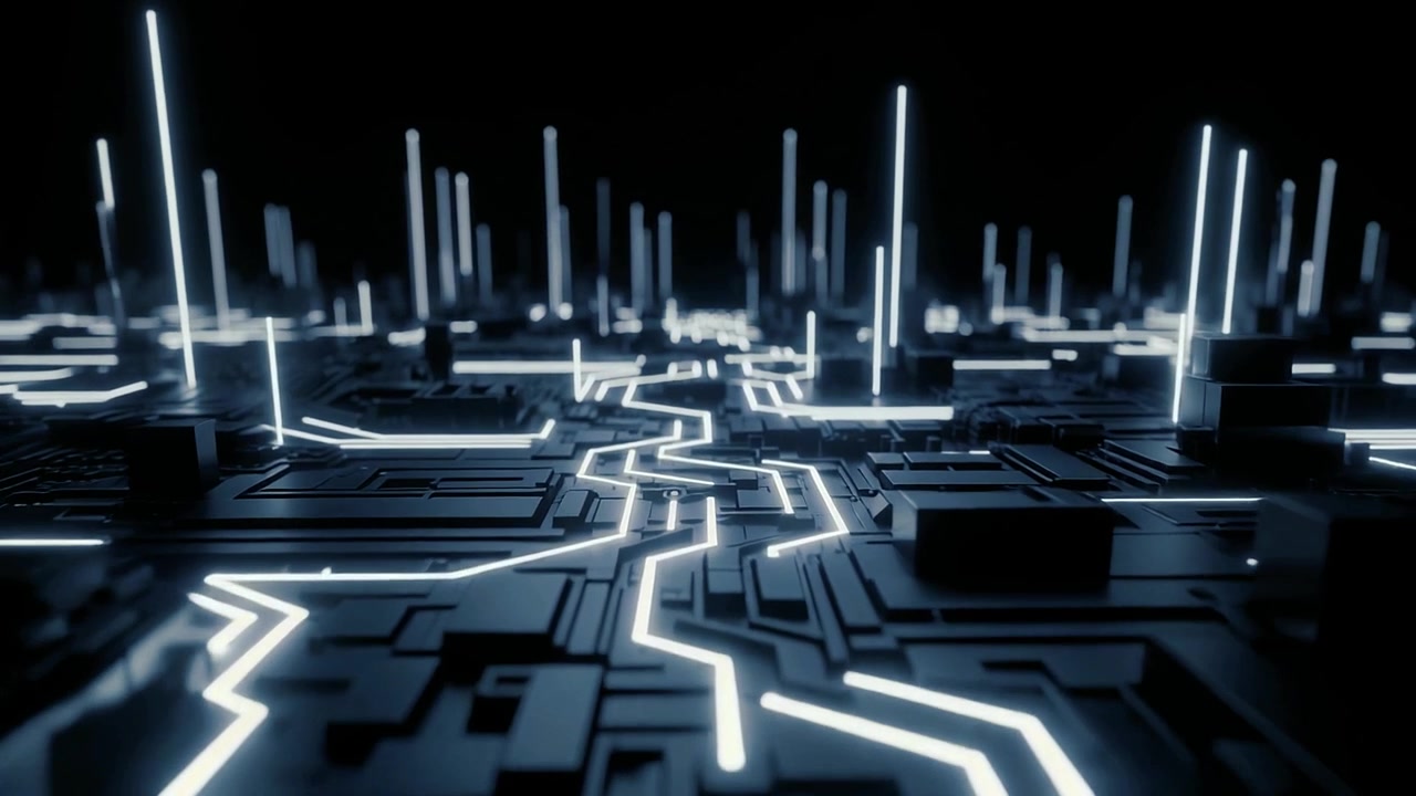Abstract Digital Circuit Board with Glowing Data Lines