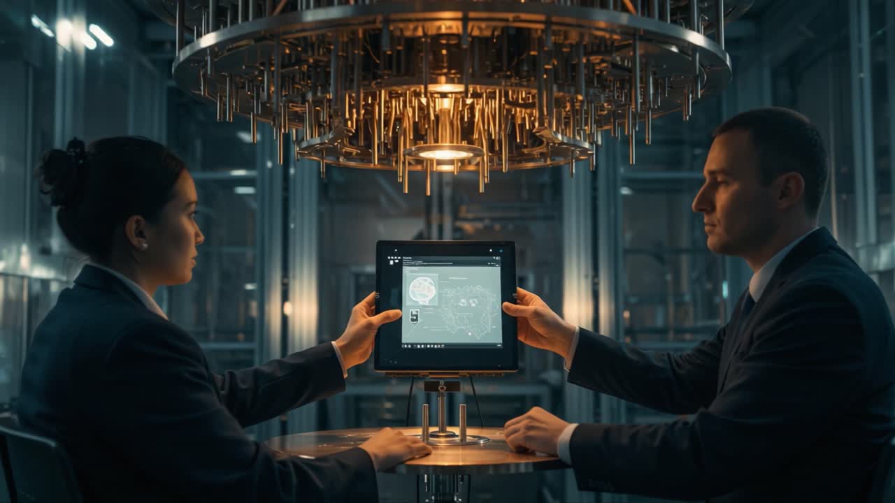 In a high-tech laboratory, two scientists collaborate closely, analyzing intricate data displayed on a tablet, highlighting advancements in quantum computing and technology