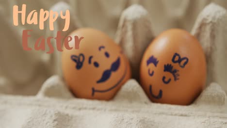 animation of happy easter over eggs with faces in egg cardboard