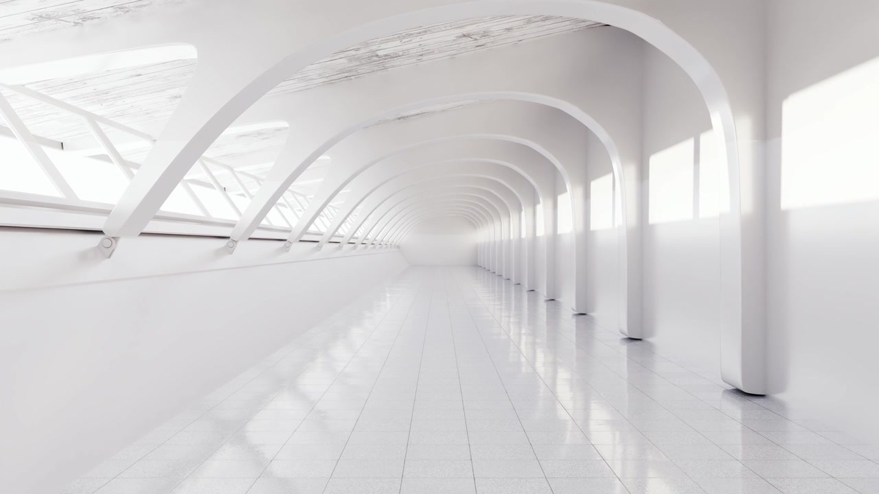 Corridoio moderno bianco vuoto con soffitto a volta e luce naturale.