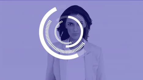 Circles-rotating-and-woman-gesturing-on-purple-background