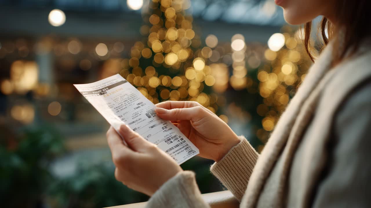 A close-up view of a woman reading a receipt, showcasing details of her transaction amidst a beautifully lit holiday-themed background, creating a warm and festive atmosphere