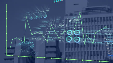 animation of financial data processing over cityscape