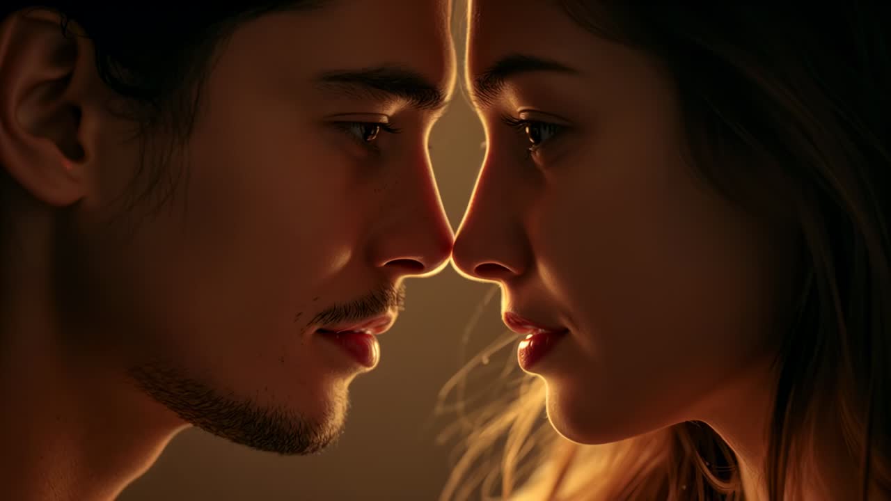 Reaching man seeking comfort amid gaze, touching woman's forehead with hand in warm room, rim light