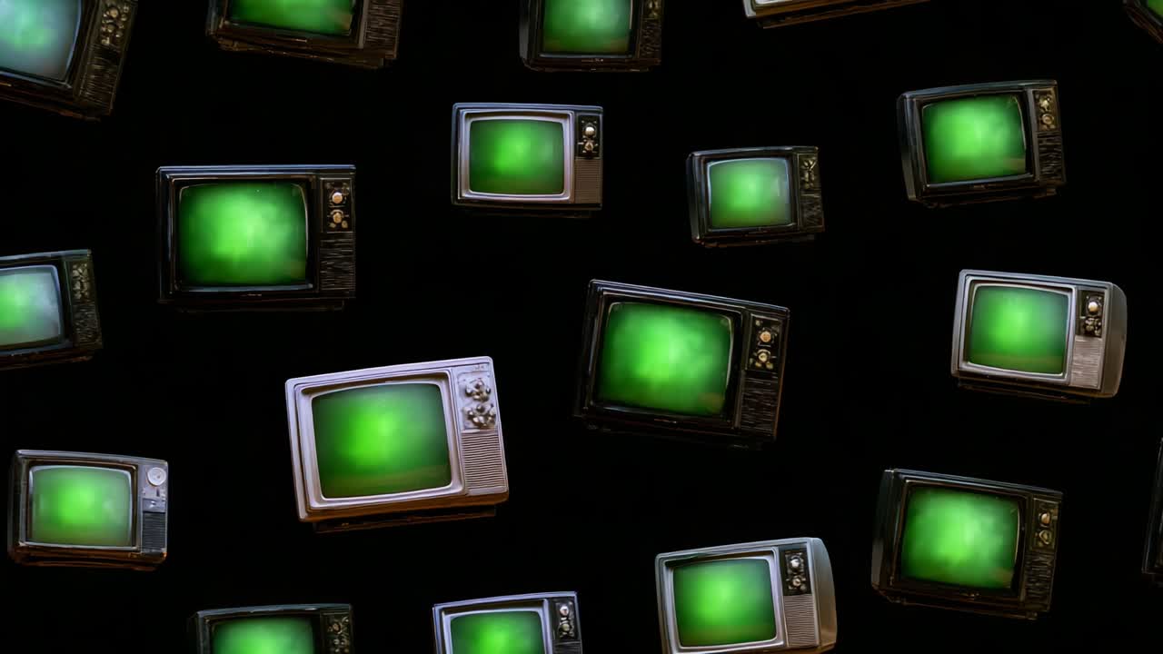 Un'immagine visivamente accattivante di televisori della metà del secolo scorso con schermi verdi brillanti su uno sfondo nero, che mette in risalto la fusione tra design rétro ed estetica tecnologica moderna