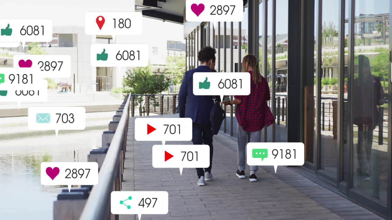 Walking along waterfront, two people with animation of social media notifications
