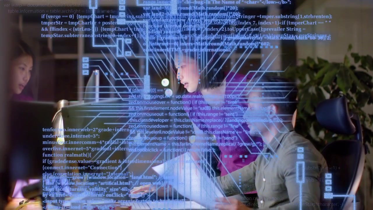 Man clicking mouse while woman pointing at monitor creating tech circuit overlay and analyzing data