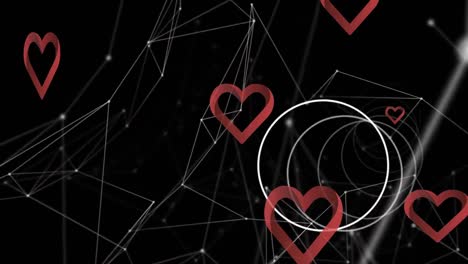 animación de la red de conexiones con corazones sobre fondo oscuro