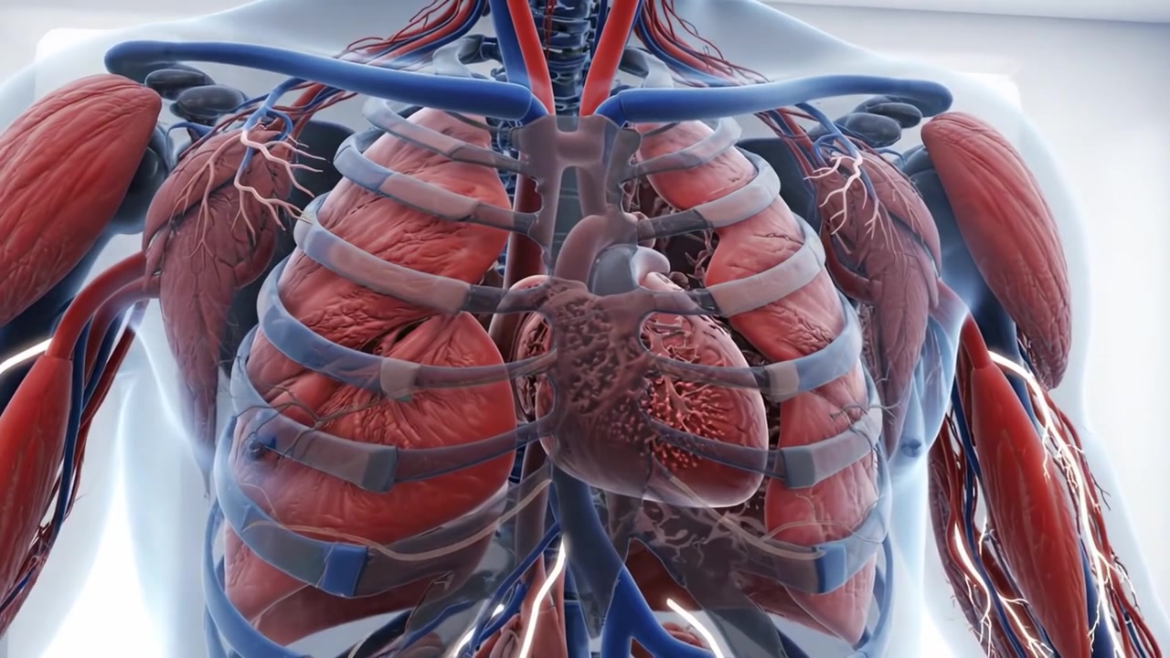Una visualizzazione dettagliata dell'anatomia umana con polmoni e cuore circondati da una struttura anatomica e vivide strutture biologiche in un ambiente moderno