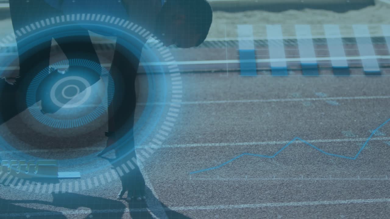 Animation of digital interface over african american men with physical disability running