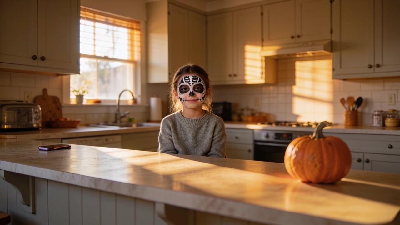Ragazzina con trucco da teschio messicano seduta in cucina