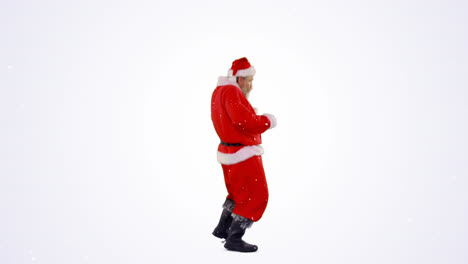 Digital-composition-of-snow-falling-over-santa-claus-dancing-against-grey-background