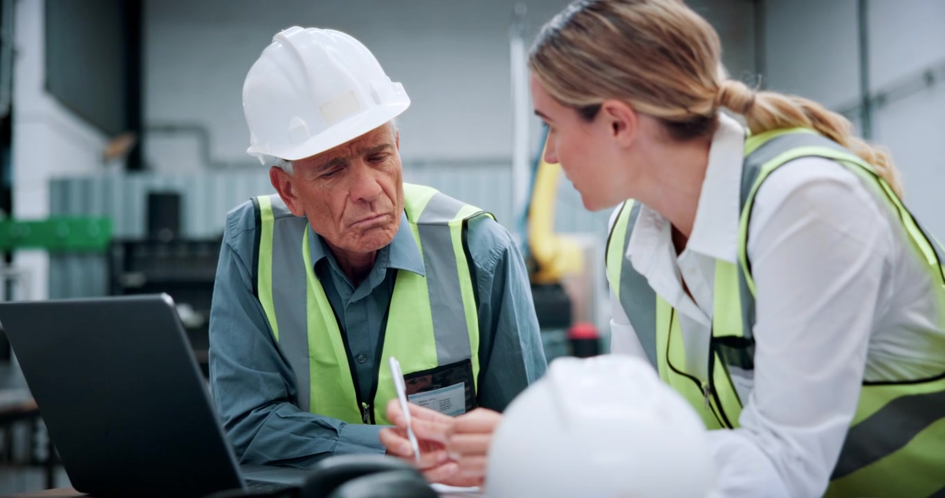Engineers Discussing Project Plans in Industrial Warehouse