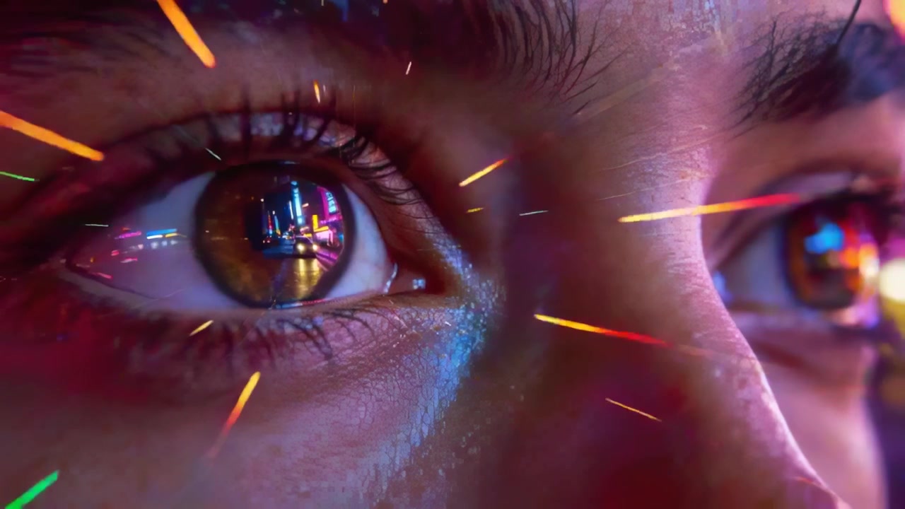 Shifting camera revealing centered face eyes in studio close-up, highlighting neon iris reflections