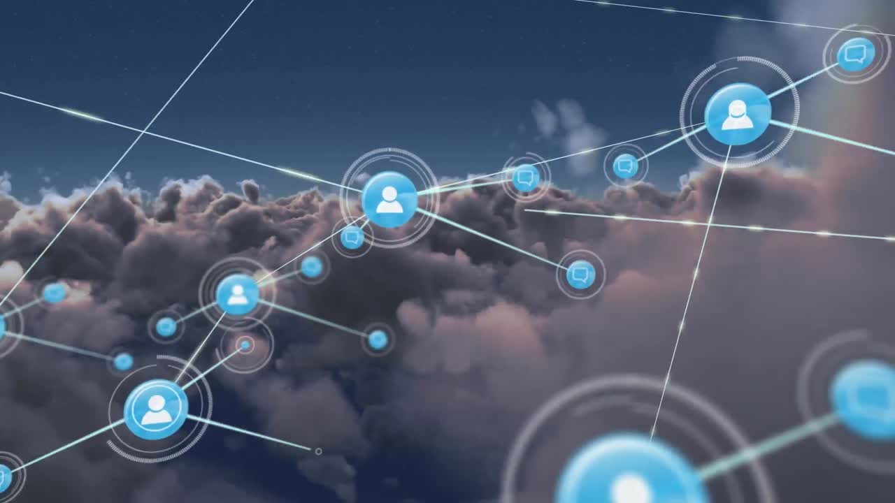 animación de la red de iconos de perfil contra nubes oscuras en el cielo