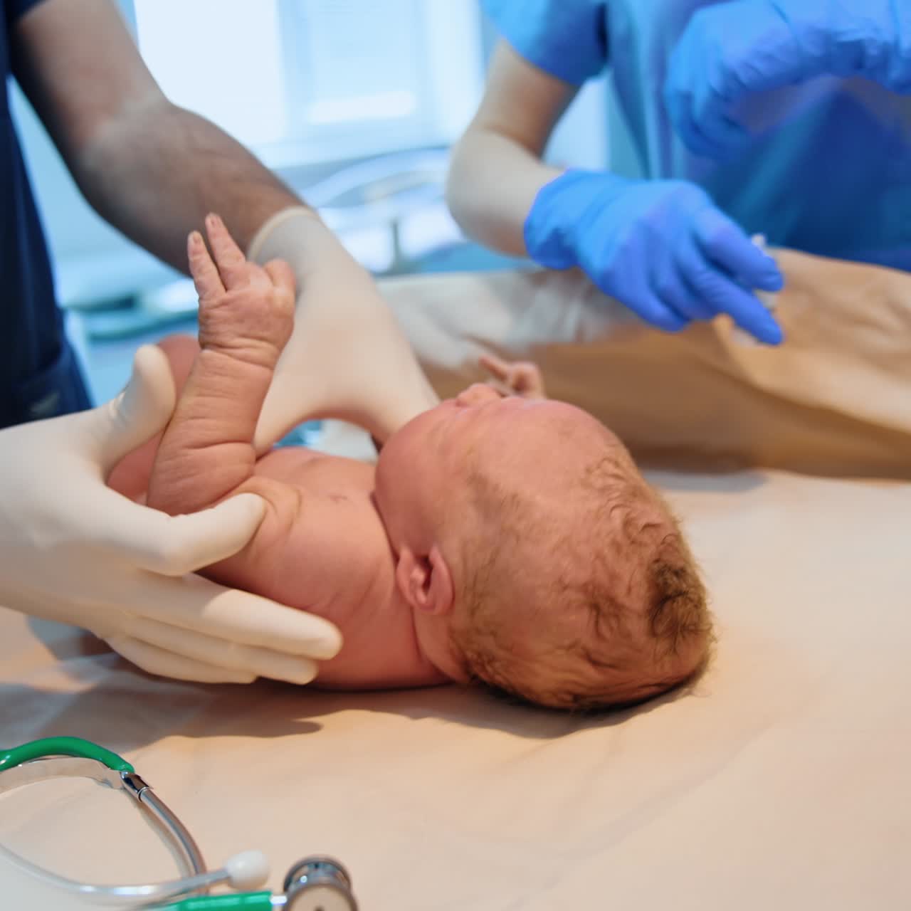 Un pediatra sta visitando un neonato. Il dottore tira su il neonato per le mani sollevandolo. Il bambino piange perché non gli piace quello che sta succedendo.