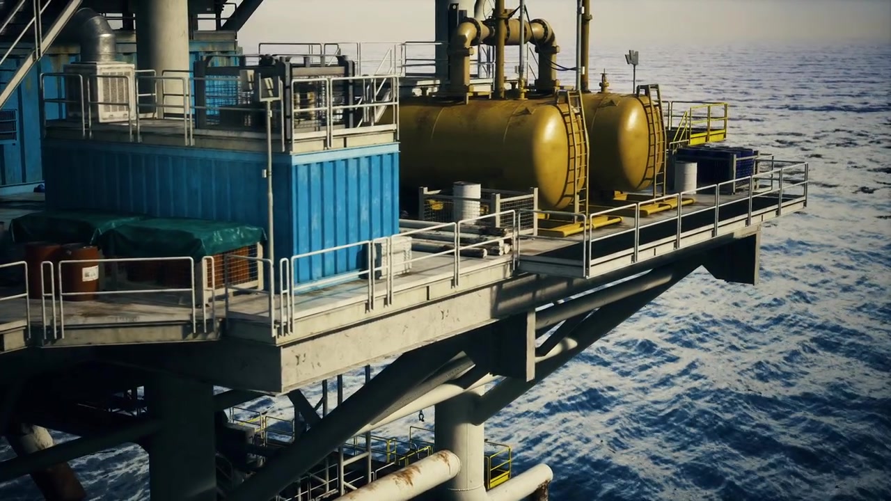 Offshore olieplatforms procesenheder med trappeadgang og rørføring