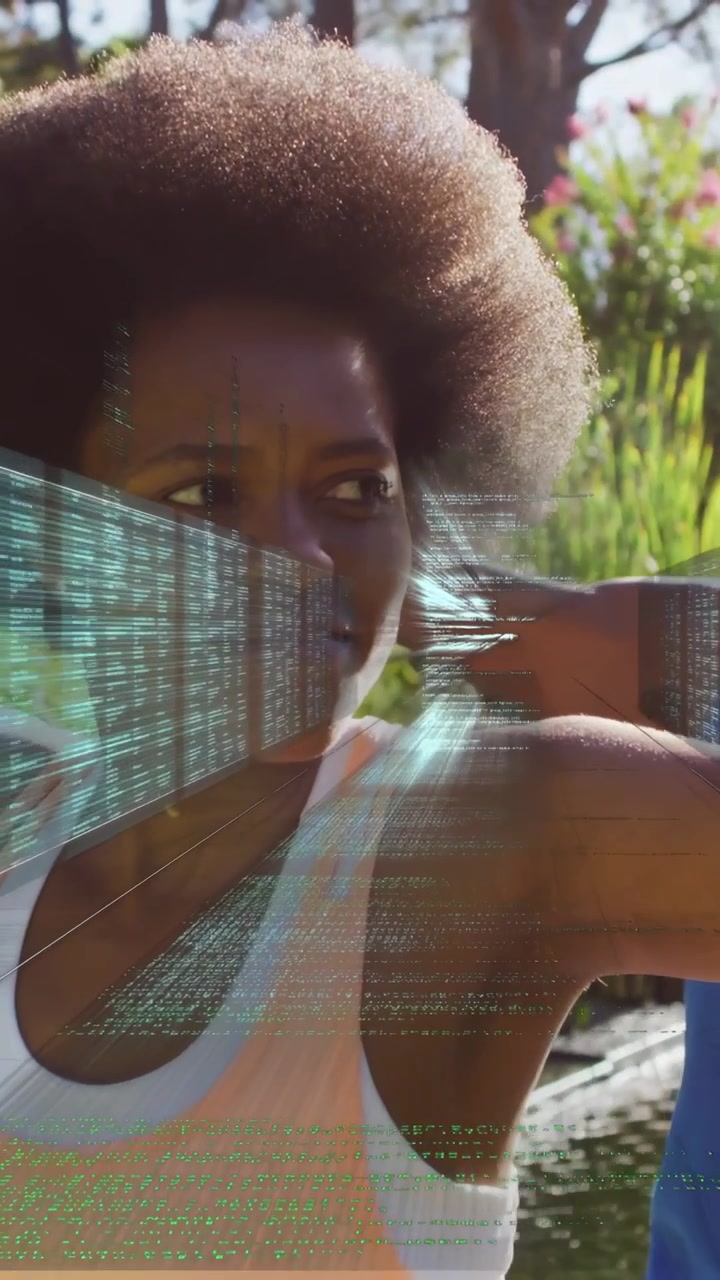 Vertical video: Woman seeing arm and doing fitness stretch, data overlay sweeping torso and pond
