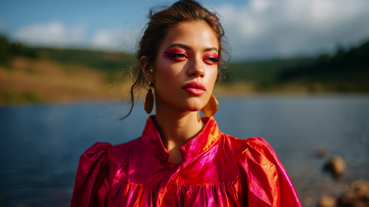 Ritratto vivido di una modello presso un lago panoramico, che mette in mostra un trucco audace e una moda colorata in un ambiente naturale mozzafiato, catturando bellezza ed eleganza