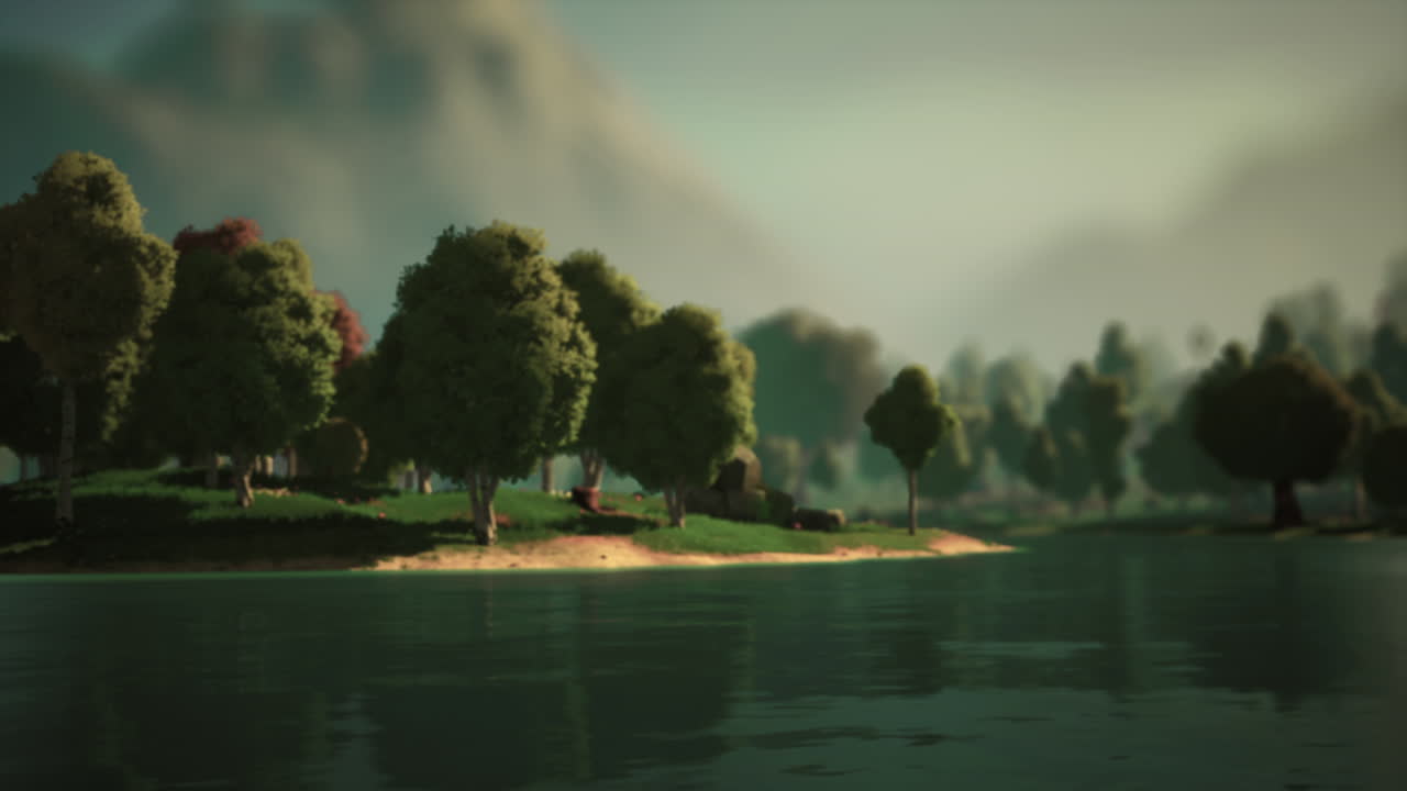 Paesaggio di foresta verde in stile cartone animato con alberi e lago
