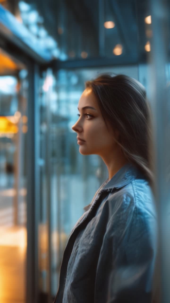 Una giovane donna pensierosa di profilo, illuminata da una luce calda in uno spazio architettonico, che cattura momenti di riflessione e serenità in un ambiente moderno.