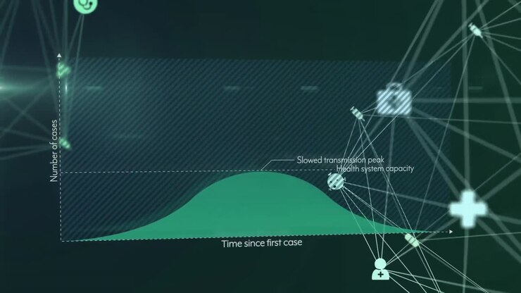 Digital composite video of digital icons moving and statistical data against black background