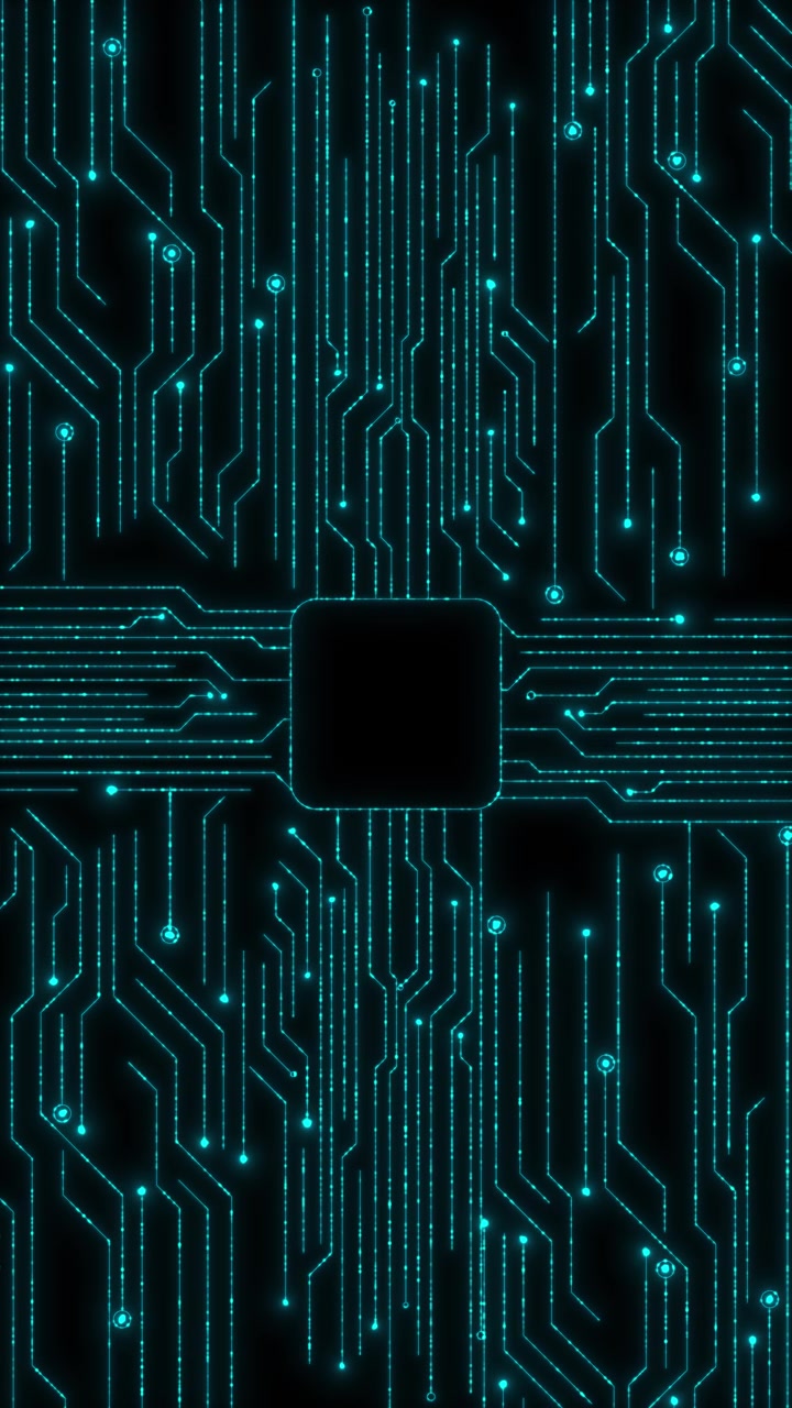 Cyan circuit processor background with glowing electronic lines central black chip and futuristic