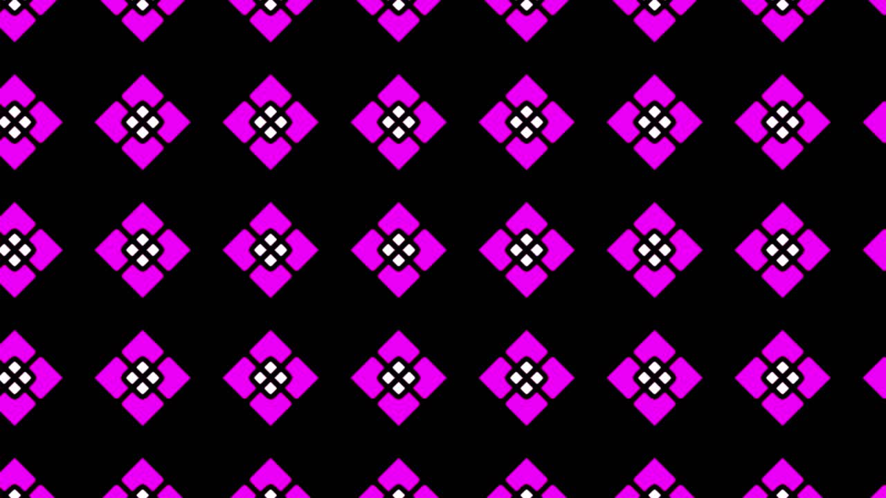 una ilustración de un patrón de mosaico sin costuras con adornos triangulares en púrpura, blanco y rosa sobre un fondo negro