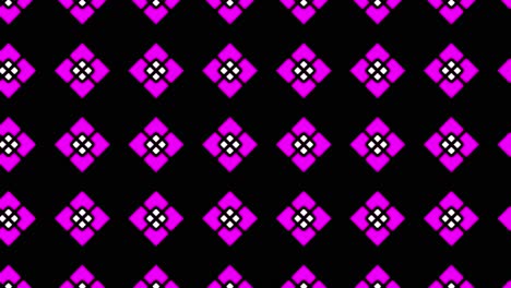 An-illustration-of-a-seamless-tile-pattern-with-triangle-ornaments-in-purple,-white,-and-pink-on-a-black-background