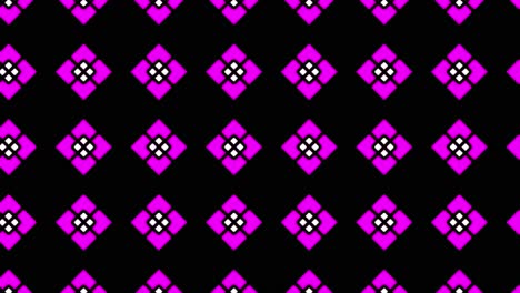 una ilustración de un patrón de mosaico sin costuras con adornos triangulares en púrpura, blanco y rosa sobre un fondo negro