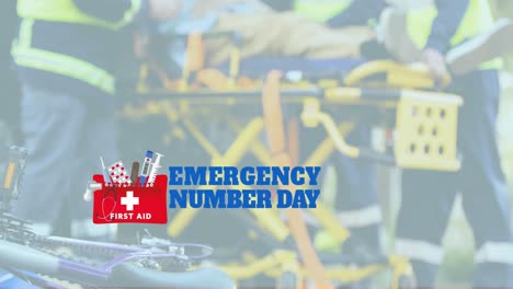 animation of emergency number day over diverse paramedics with patient and ambulance