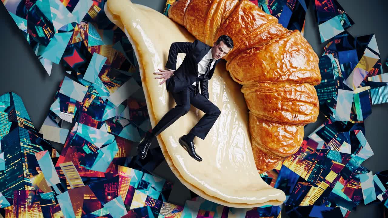 un hombre de negocios montando un croissant gigante sobre un collage del paisaje urbano