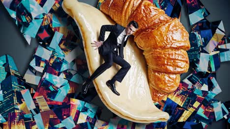 businessman riding a giant croissant over a cityscape collage