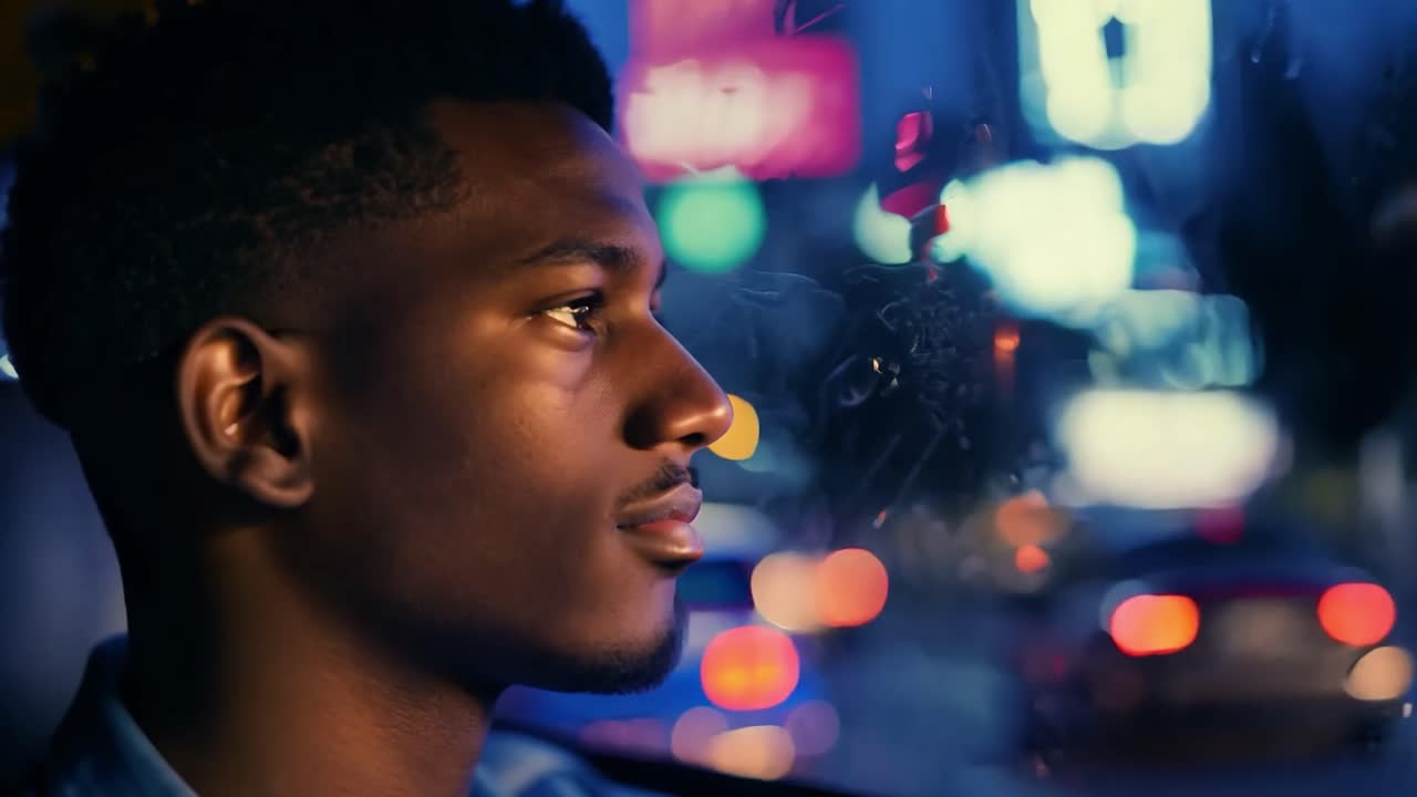젊은 남자는 밤에 움직이는 자동차 창문 밖을 쳐다보며, 활기찬 도시 불빛과 도시 분위기를 반영합니다.
