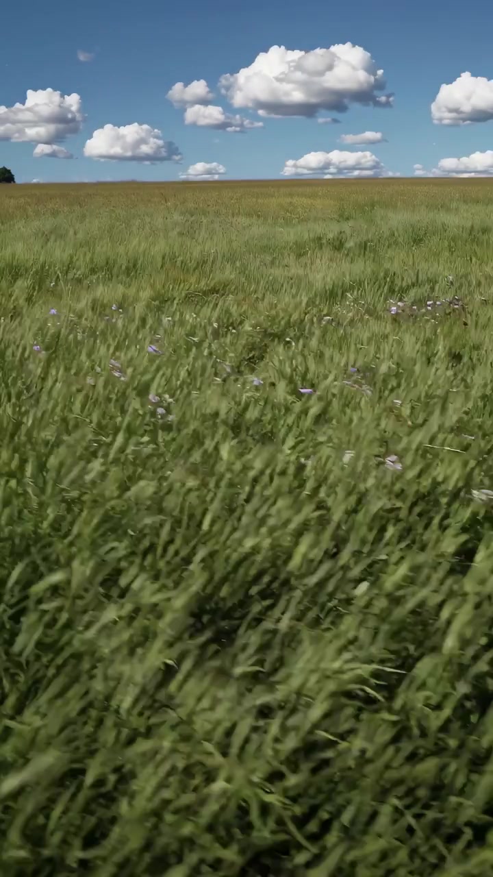 Campo di grano verde che ondeggia al vento sotto un cielo blu