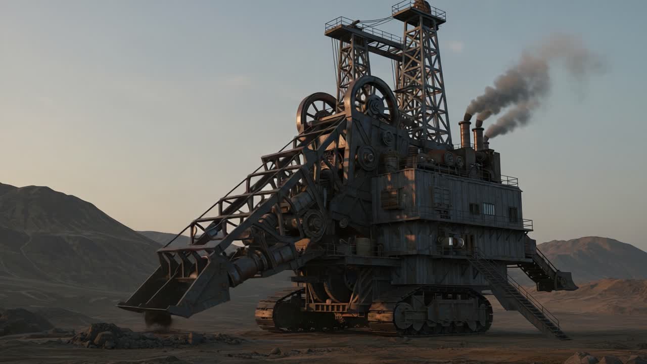 A Massive Excavation Machine Working in a Rugged Landscape: The Engine of Progress in the Desert