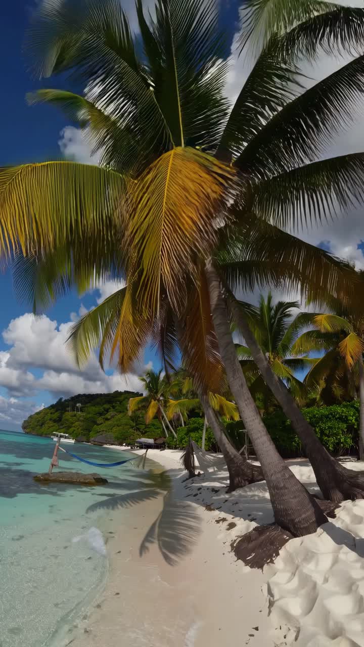 White sand beach with turquoise water and palm trees casting shadows on the sand, with a hammock hanging between two palm trees and a cloudy blue sky in the background