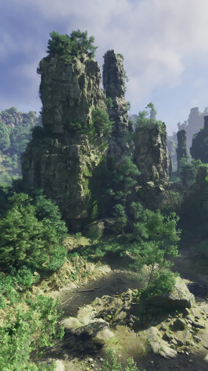 Majestic green landscape with towering rock formations in bright sunlight