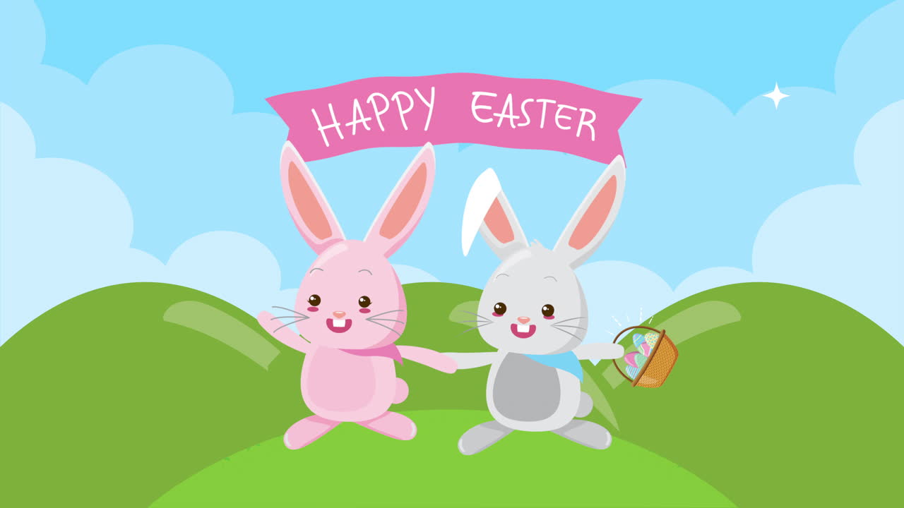 felicità pasqua carta animata con conigli coppia nel campo