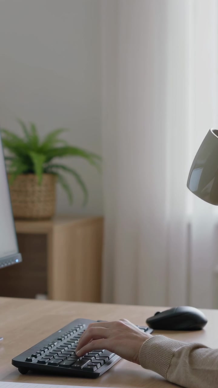 Vídeo vertical: Pausando a digitação, mãos com blusa bege pegando uma caneca para mover na mesa de casa, com teclado.