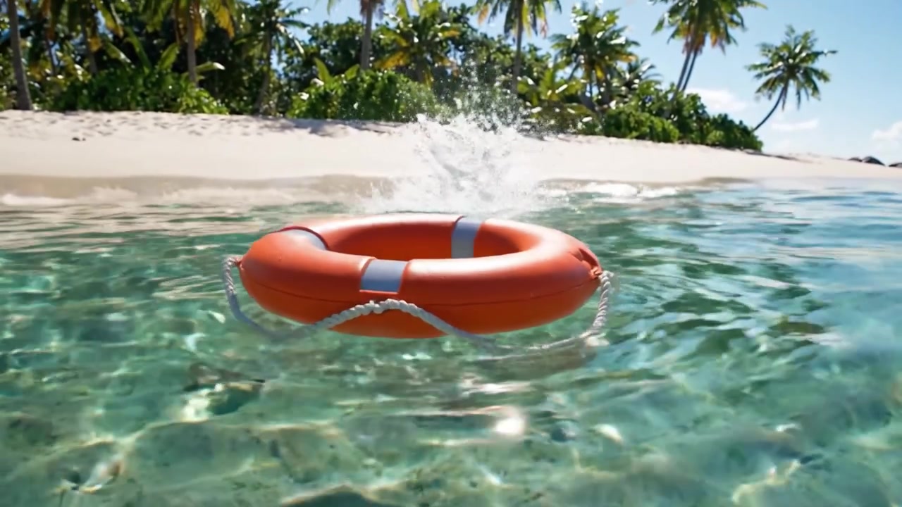 A floating life preserver in crystal-clear turquoise waters, surrounded by a serene tropical beach under a bright blue sky, emphasizes safety and relaxation on a sunny day.