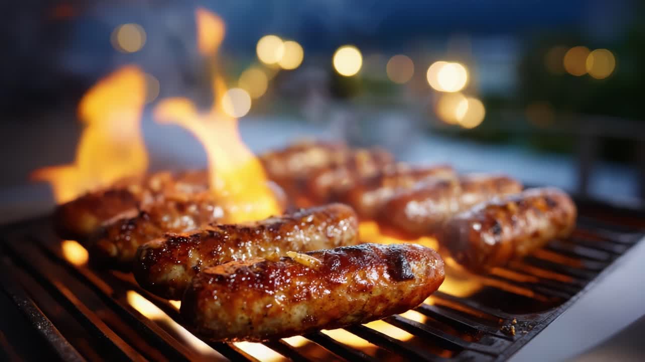 Maukkaat grillatut makkarat grillissä: Suussa sulavat, mehukkaat ja liekeillä karamellisoituneet, täydellisesti kypsennettyinä ulkoilmatilaisuuteen tai kesäjuhlaan.