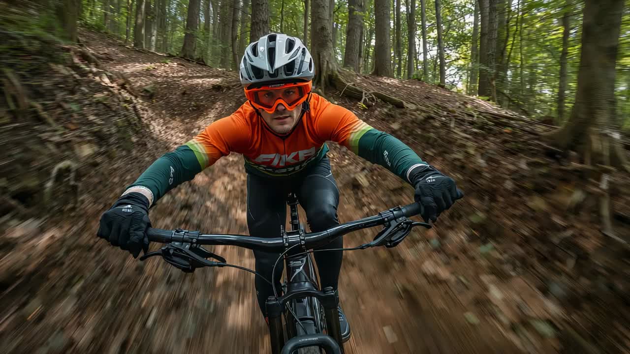 Entering berm helmeted biker leaning gripping bars riding shaded trail to descend in orange jersey